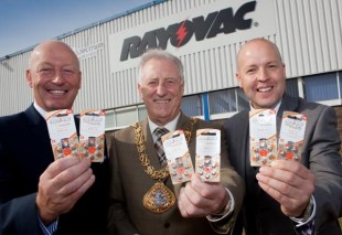 Colin Bryson-Pyke, Mayor Stuart Porthouse and Glen Rutherford hold up hearing aid batteries.