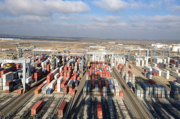 Rows of shipping containers at London Gateway Port.