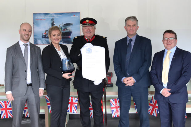 The HVPD team receiving their Queen's Award from Vice Lord Lieutenant Paul Griffiths