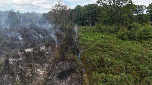 Hydro-Wall Nozzle hose in action preventing a wildfire advancing; 